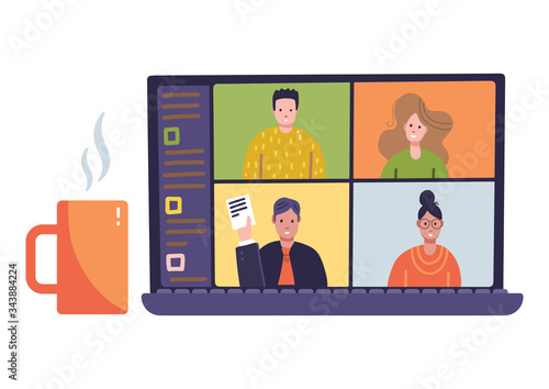 4 Panels Young Man Woman on Online Virtual Remote Meetings, Video Web Conference. College University School Student Team Stay Study From Home. WFH Live Stream. Laptop with cup. Flat vector design