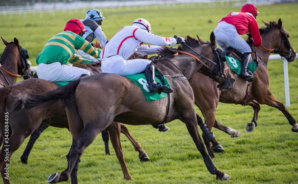 Race horses and jockeys competing for first place, horse racing action Race horses and jockeys competing for first place, horse racing action