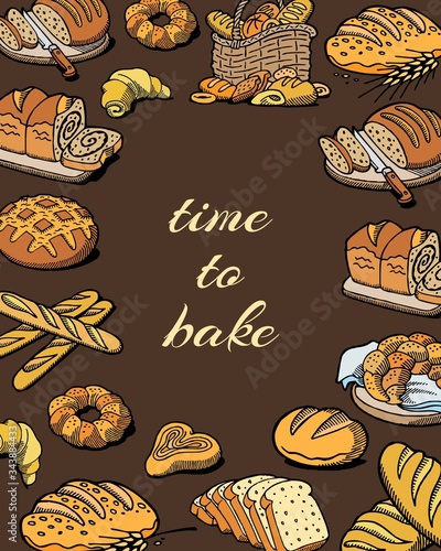 Bakery and baking pastry wheat and rye poster with bread and cake assortment vector illustration. Baked goods bread, buns, croissant and loaf doodle poster.