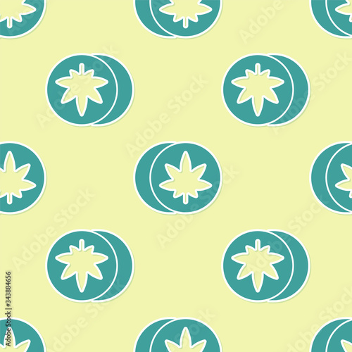 Green Herbal ecstasy tablets icon isolated seamless pattern on yellow background.  Vector Illustration