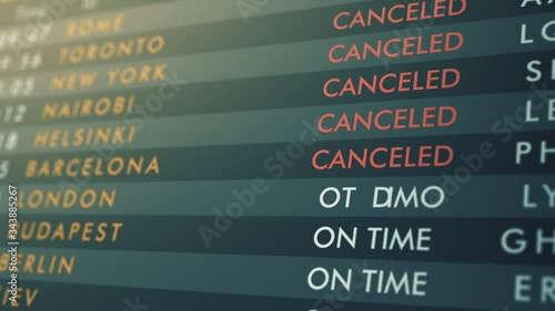 close-up of an airport departures board with flights from on time to canceled (3d render)