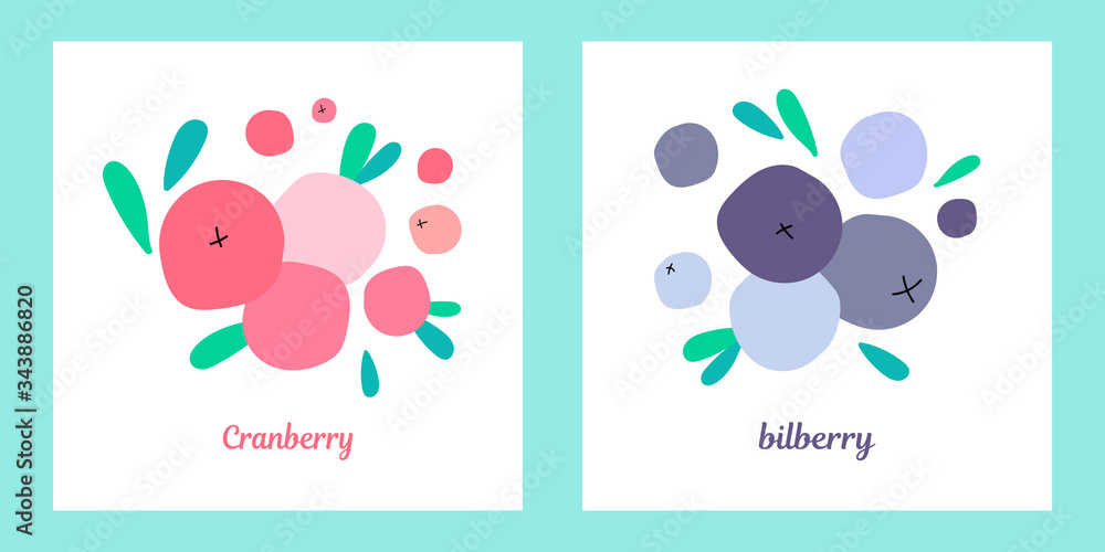 two illustrations with blueberries, bilberries, lingonberries,cranberries and green leaves