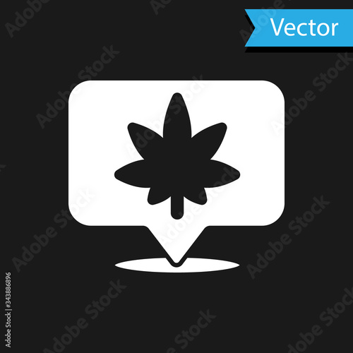 White Map pointer and marijuana or cannabis leaf icon isolated on black background. Hemp symbol.  Vector Illustration