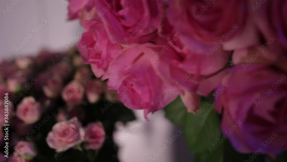 Two large bouquets of bright pink roses and pale pink roses with green buds and leaves, close-up. Two large bouquets of bright pink roses and pale pink roses with green buds and leaves, close-up.