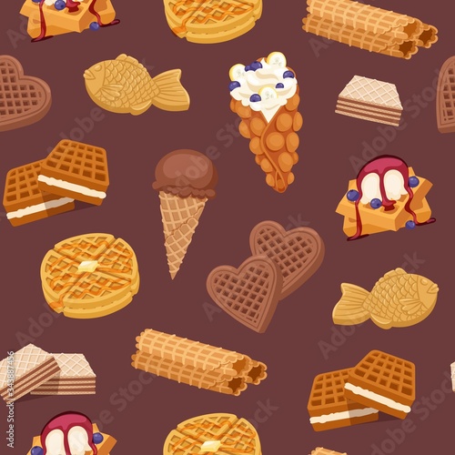 Waffles, cookies and ice cream, waffle-cakes and chocolate delicious dessert wafer bakery food seamless pattern vector illustration. Waffles bakery backdrop.