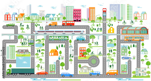 Stadt Silhouette mit Verkehr, Informationsgrafik