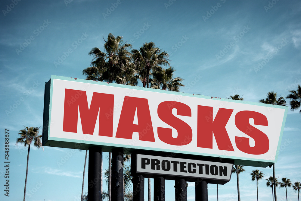 Protective masks for sale sign with palm trees Protective masks for sale sign with palm trees
