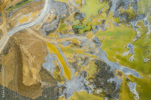 Mining from above. Industrial terraces on open pit mineral mine. Aerial view of opencast mining. Dolomite Mine Excavation. Extractive industry. Giant excavator machinery.