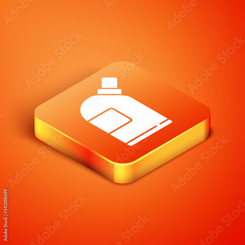 Isometric Plastic bottles for laundry detergent, bleach, dishwashing liquid or another cleaning agent icon isolated on orange background.  Vector Illustration