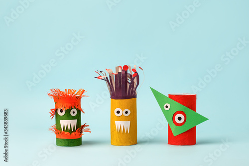 Fototapeta Antistress art therapy coronavirus pandemic, halloween concept - monsters from toilet paper roll tube