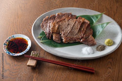 japanese wagyu steak with wasabi and soy sauce