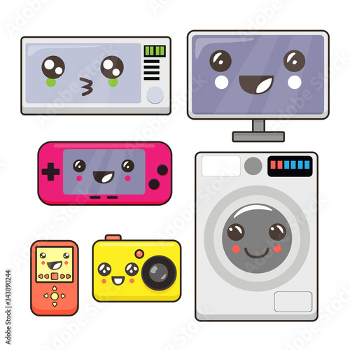 Funny illustrations of household appliances, action camera, game console, monitor, microwave, washing machine, player. Kawaii illustration.