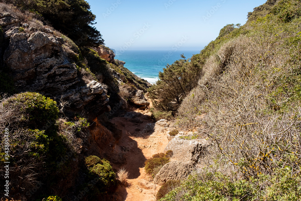Gorge to the Ocean. Solo Backpacker Trekking on the Rota Vicentina and Fishermen's Trail in Algarve, Portugal. Walking between  ocean, nature and beach.
