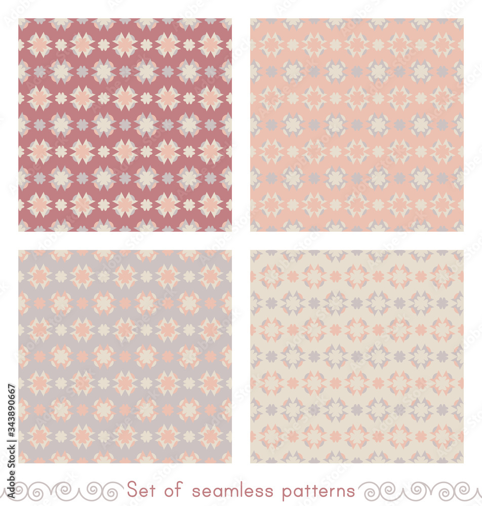 set of seamless patterns with hearts. Color grey, orange, red and cream ivory. Pastel colors. Vector.