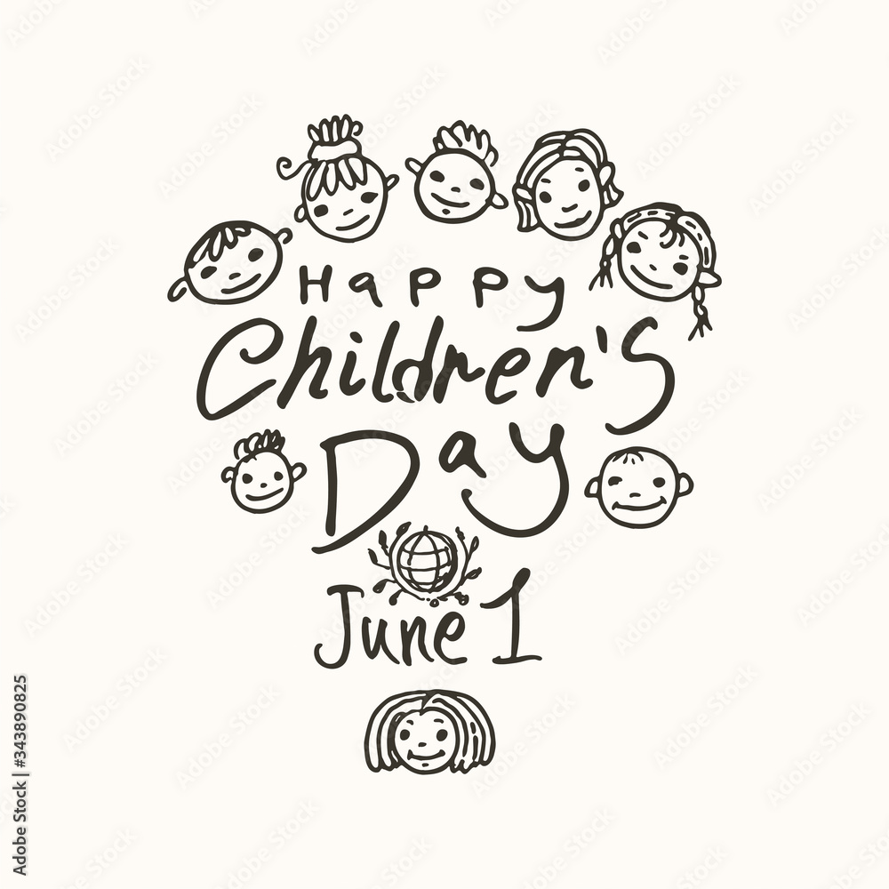 Happy Children's Day. Doodle holiday illustration to the International Children's Day. The logo is drawn by marker. Children Art style sketch. Vector logo with funny baby faces by June 1.
Happy Children's Day. Doodle holiday illustration to the International Children's Day. The logo is drawn by marker. Children Art style sketch. Vector logo with funny baby faces by June 1.