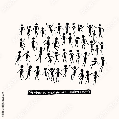 Vector illustration. 45 figures hand drawn dancing people. Set of Doodle People Move. Hand draw black marker art.