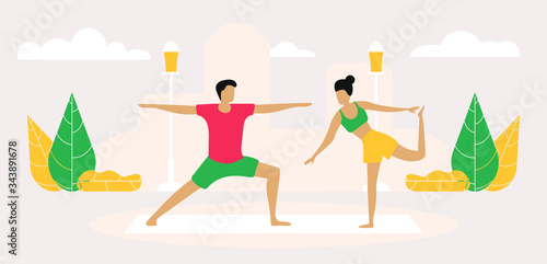 Sport family flat vector illustration. Outdoor fitness. Siblings doing aerobics. Physical healthcare. Relatives cartoon characters on pink background.