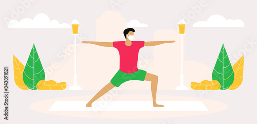 Guy in medical mask doing yoga in an outdoor park. Cartoon Flat Vector Illustration