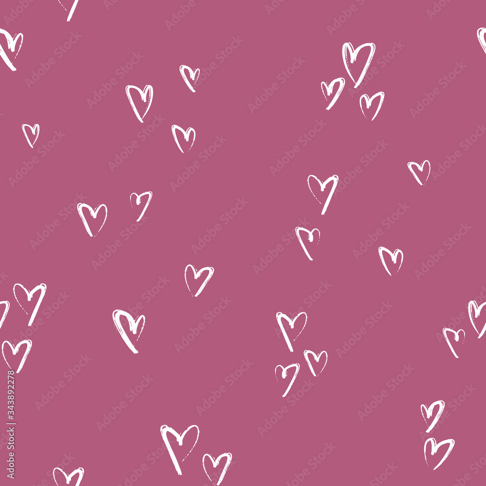 Vector ditsy seamless pattern with hearts. Valentines day background. Hand drawn illustration on pink background.