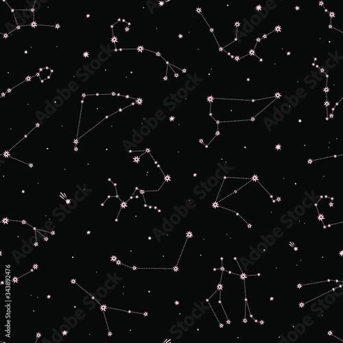 Seamless vector pattern with pink zodiac constellations on black background. Space background.