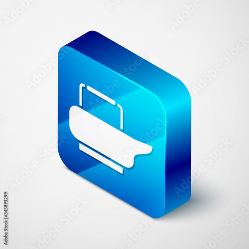 Isometric Bedpan icon isolated on grey background. Toilet for bedridden patients. Blue square button. Vector Illustration