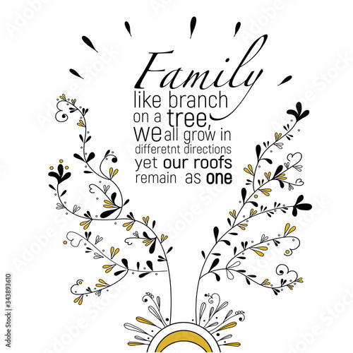 Family like a branches on a tree, we all grow yet our roots remain as one, vector. Wording design, lettering. Beautiful family quotes. Wall decals, wall artwork