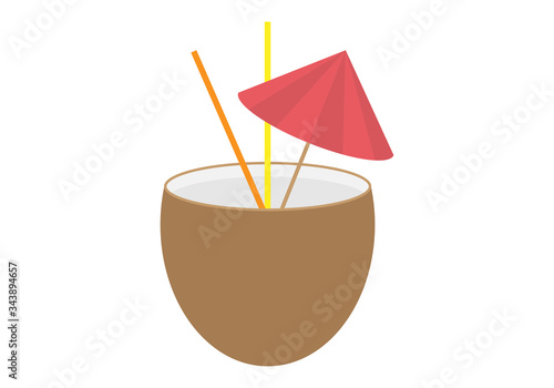 Coco hueco con pajitas y una sombrilla.