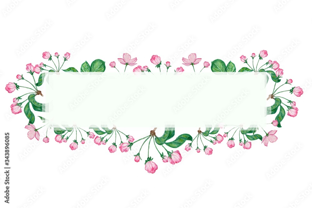 flowers and leaves of an apple tree on a white background, watercolor drawing, greeting card with pink flowers flowers and leaves of an apple tree on a white background, watercolor drawing, greeting card with pink flowers