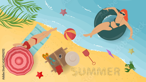 web page design concept banner summer vacation girls bathing and sunbathing under umbrellas on a sandy beach on the shore of a reservoir sea flat vector illustration cartoon