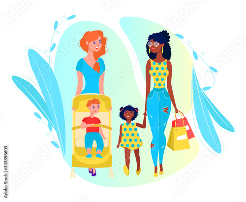 Cartoon two friend mother walk in outdoor with daughter and son in stroller isolated on white vector, illustration. Family time - happy women together spending time outdoors. Concept of friendship and