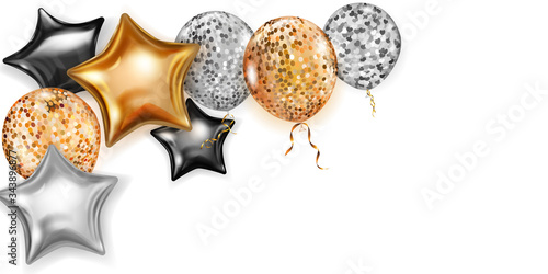 Illustration with shiny balloons in golden, black and silver colors, round and in the shape of stars, with ribbons and shadows, on white background