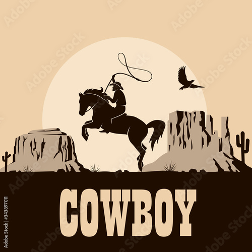 western cowboy silhouette with lasso on horse illustration with mountains
