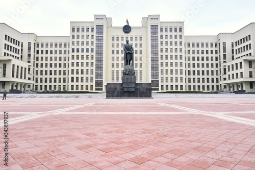Minsk, Belarus - March 2020. Government parliament building and Lenin statue on Independence square. The central square of Minsk and the government building with a monument to Lenin