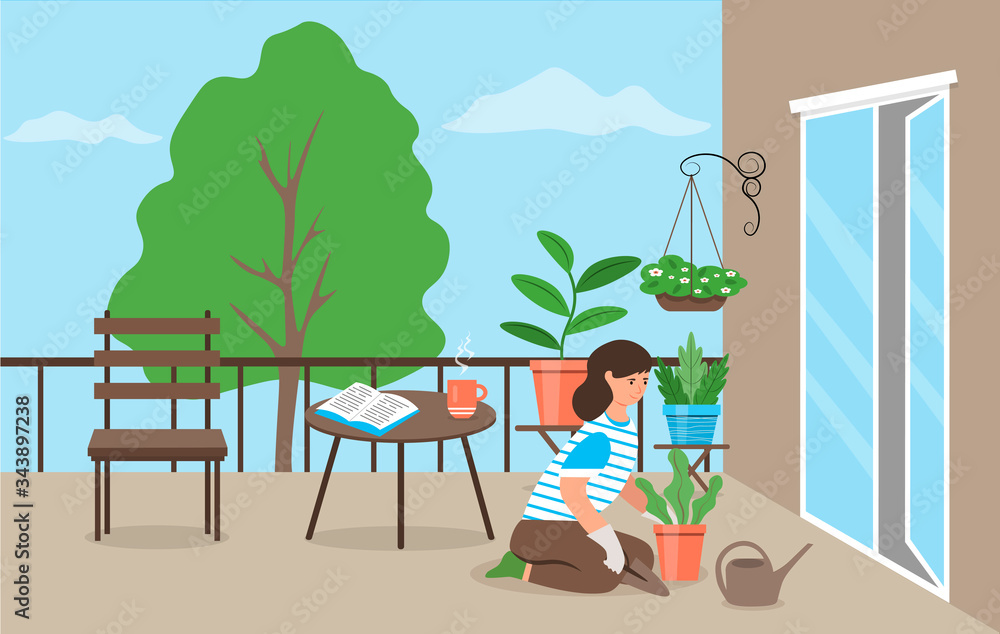 Fototapeta premium A cute girl taking care of indoor or garden plants on the balcony. A young woman cultivates potted plants at home. Female character enjoying a hobby. Flat vector illustration in cartoon style.