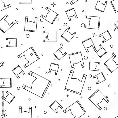 Black line Plastic bag icon isolated seamless pattern on white background. Disposable cellophane and polythene package prohibition sign. Vector Illustration