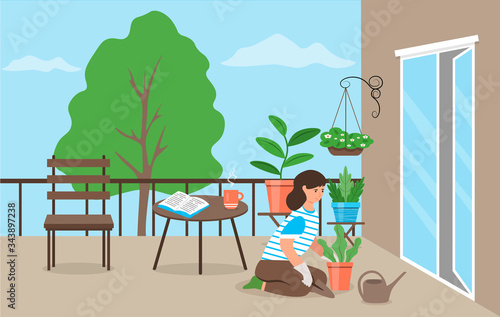 A cute girl taking care of indoor or garden plants on the balcony. A young woman cultivates potted plants at home. Female character enjoying a hobby. Flat vector illustration in cartoon style.