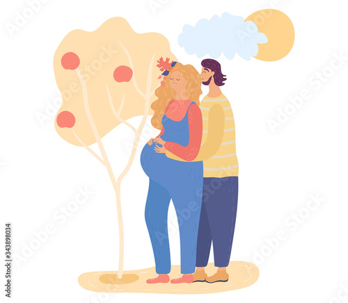 Husband and pregnant wife are walking in sunny autumn park, isolated on white, vector illustration. Couple in love enjoying spending romance time together in fall season. Concept of happy family time