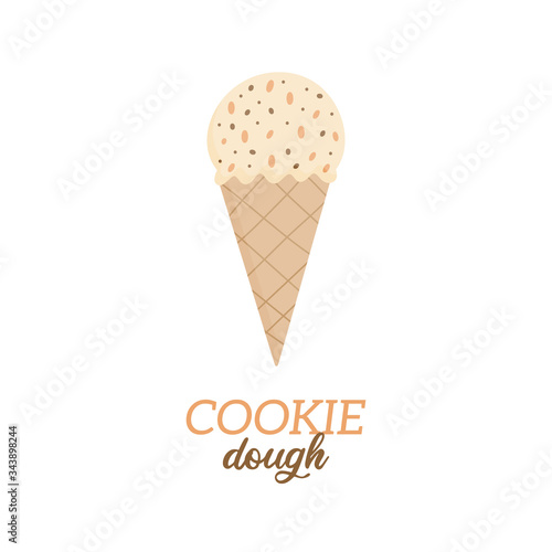 Cookie dough ice cream vector illustration. Sweet dairy or vegan cookie with chocolate chips flavored ice cream in waffle cone. Isolated.  