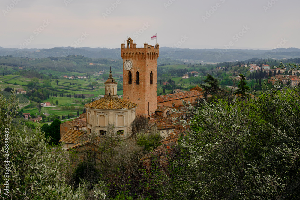 Cathedral of Santa Maria Assunta in San Miniato.Solo Backpacker Trekking on the Via Francigena from Lucca to Siena. Walking between nature, history, churches,