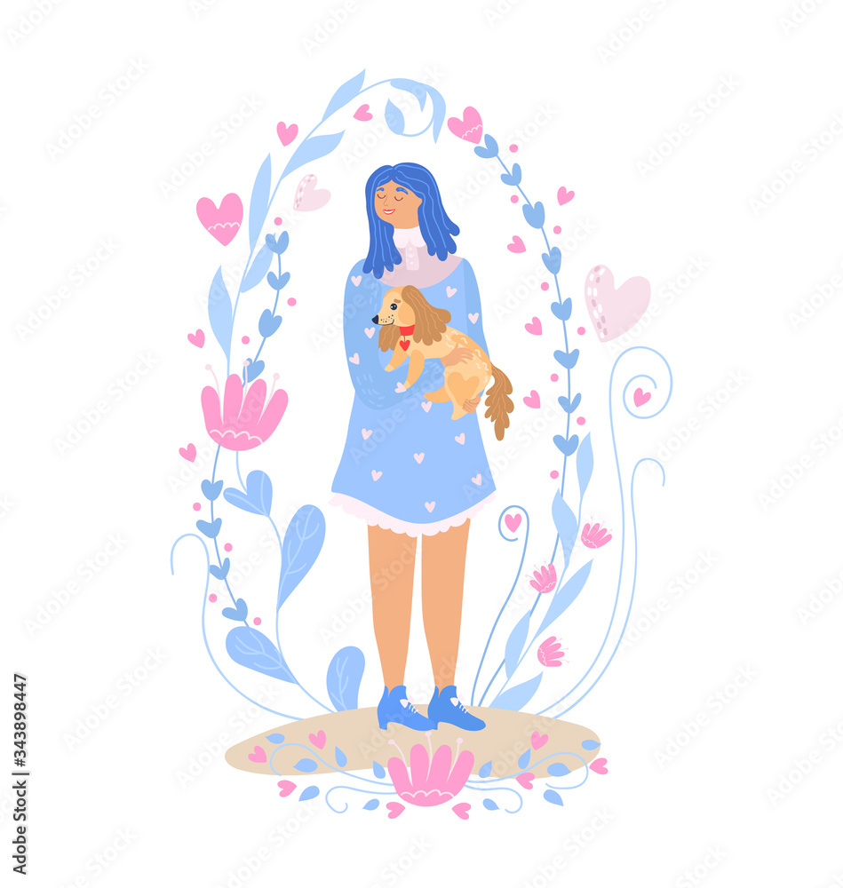 Woman owner character play with her dog near flower garden, isolated on white vector illustration flat cartoon. female care hug her pet and love his. Concept of happy and love between people and