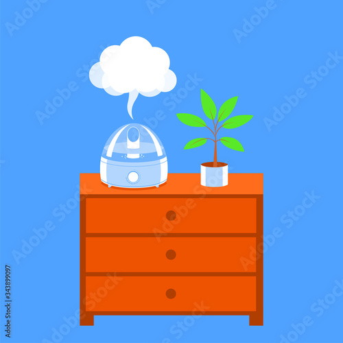 Humidifier with water vapor on a wooden chest. Near a home plant. Vector illustration.
