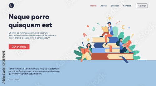 Students studying textbooks. Woman sitting on stack of books and reading. Vector illustration for library, bookworm, bookstore concept