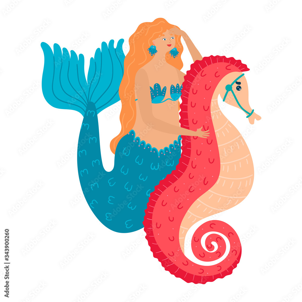 Cartoon character cute fantasy mermaid riding with red seahorse under