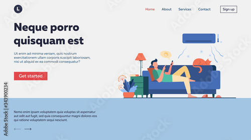Young man relaxing at couch under air conditioner flat vector illustration. Cartoon guy in cold room chatting via smartphone. Digital technology and summer home concept