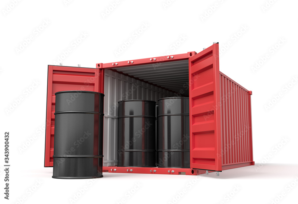 3d rendering of red shipping container filled with black fuel barrels isolated on white background 3d rendering of red shipping container filled with black fuel barrels isolated on white background