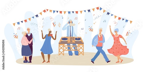 Cartoon group of senior people dancing while listening to music, DJ play by a gramophone isolated on white vector illustration. Elderly women and man dancing at a party. Old people enjoy life after