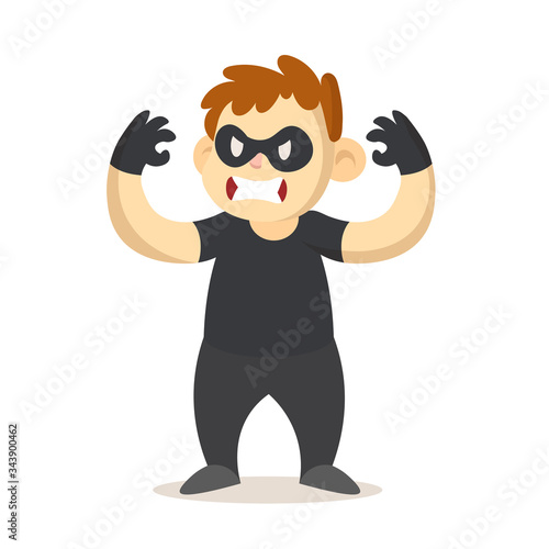 Angry boy dressed as a masked villain, cartoon character. Colorful flat vector illustration, isolated on white background.