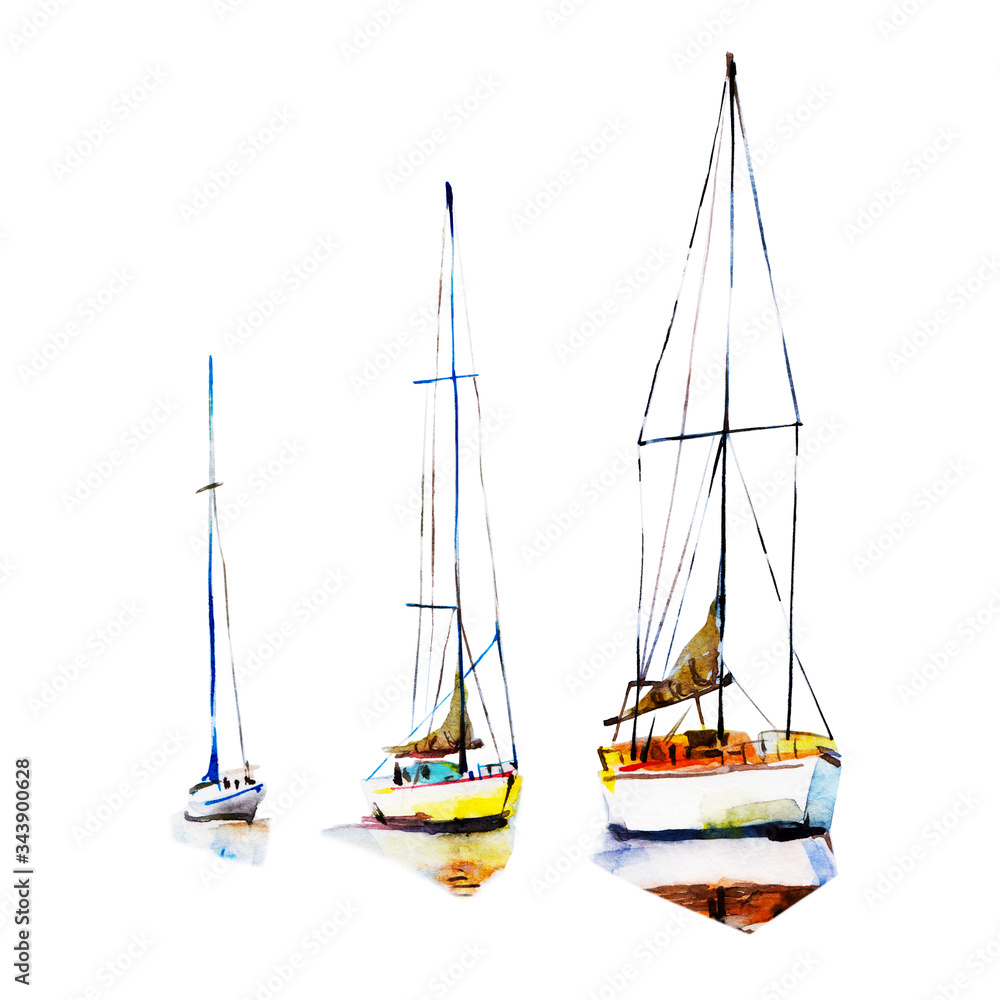 Three yachts with deflated sails. Watercolor sailboat illustration hand drawn loose style. Isolate object on white background.