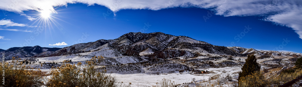 Panoramic view of snow-covered Rockies in the sun from Dinosaur Ridge, Colorado, USA Panoramic view of snow-covered Rockies in the sun from Dinosaur Ridge, Colorado, USA