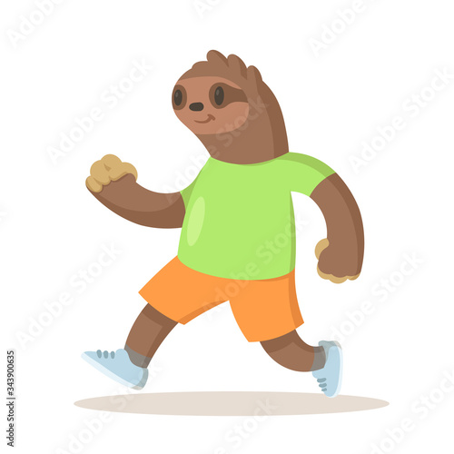 Cute brown sloth wearing sportswear running, cartoon character. Colorful flat vector illustration, isolated on white background.
